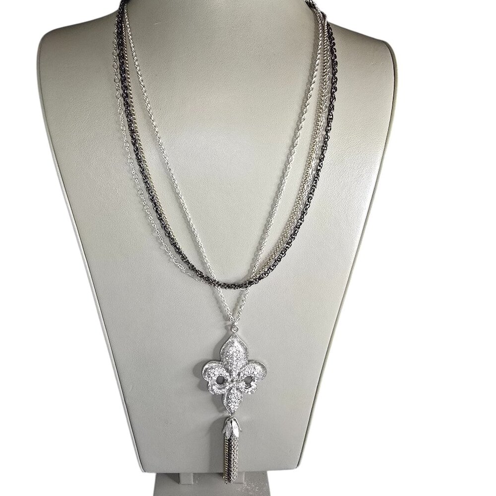 Sequin Fluer De Lis Tri Color Crystal Layer Necklace NWT